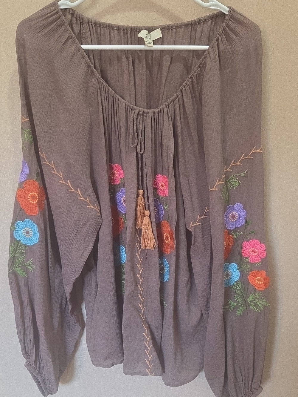 Boho Taupe Peasant Blouse with Embroidered Floral Accents
